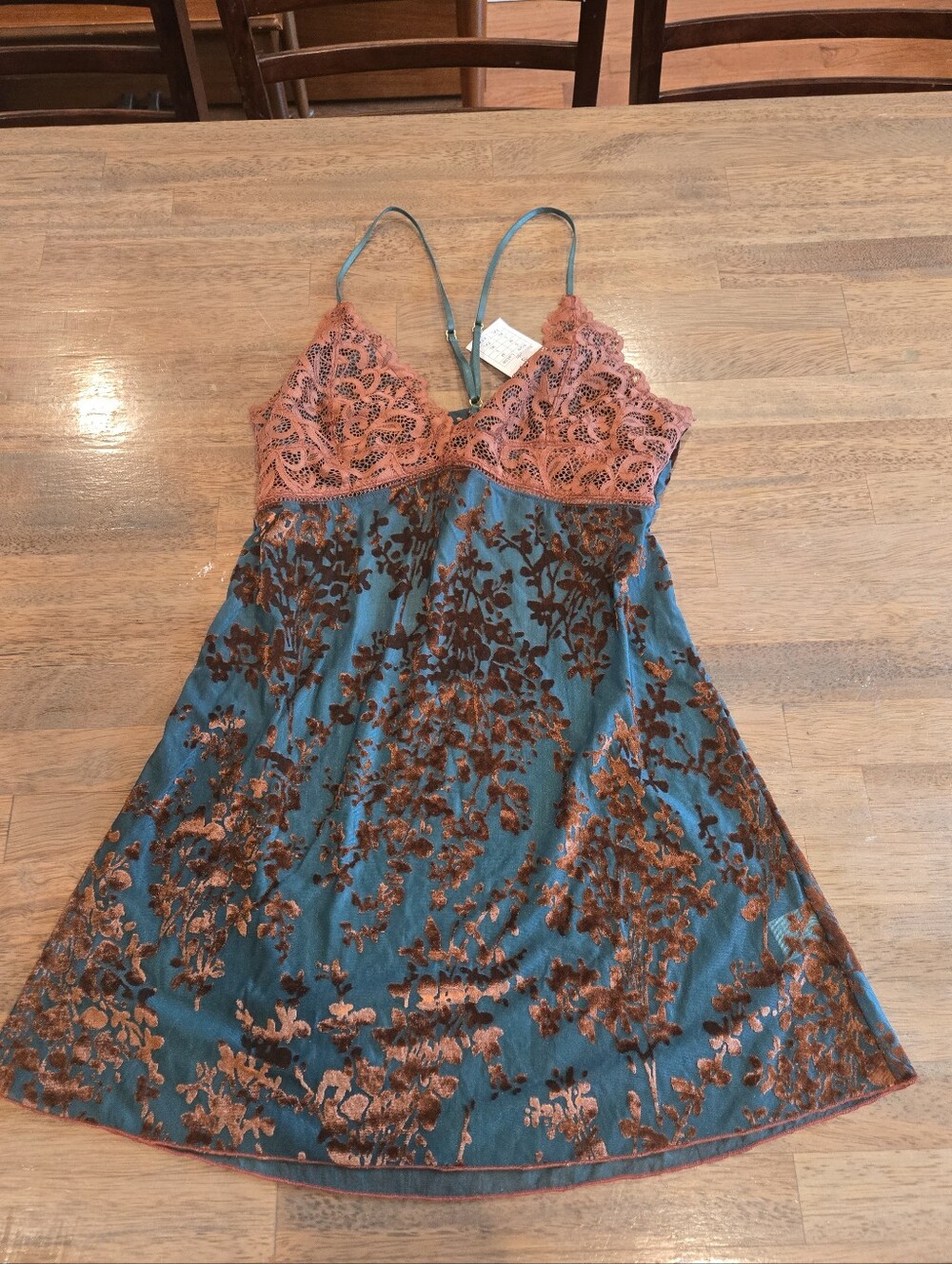 Teal Floral Velvet Slip Dress with Brown Lace Bodice